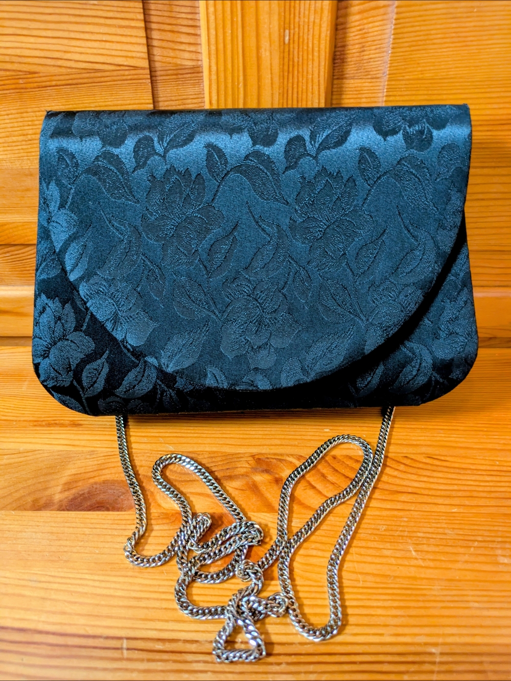 Carolyne Barton Elegant Black Floral Jacquard Evening Clutch with Chain